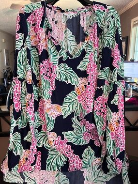 crown & ivy Navy Floral Leopard Print Peasant Blouse